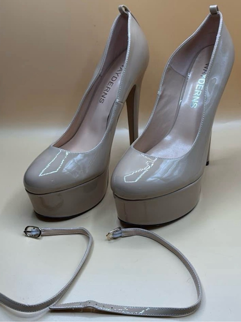Wadersns Nude Patent Platform Stiletto Pumps with Removable Ankle Straps